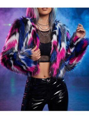Lilly's Kloset Y2K Multicolor Faux Fur Cropped Jacket sz L
